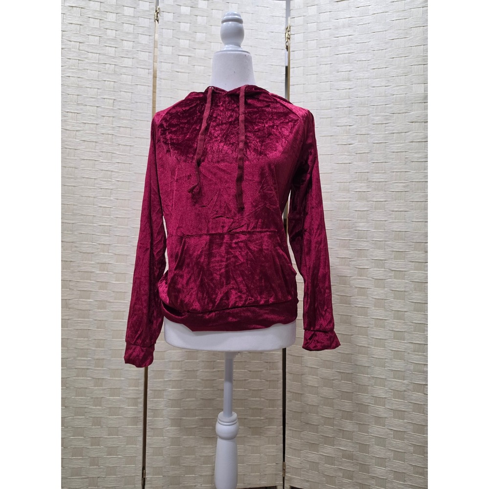 Ziranmei Womens Burgundy Crushed Velvet Hoodie Pullover Sweatshirt Medium
